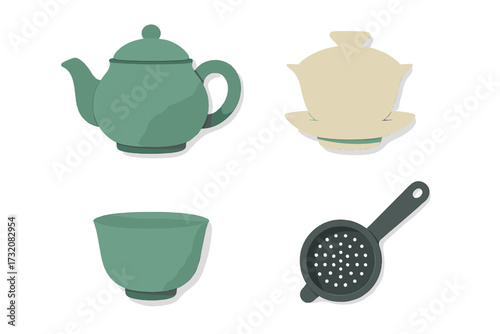 Traditional tea ceremony elements including a teapot, gaiwan, tea cup, and strainer for hot beverage preparation