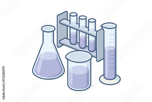 Laboratory glassware set with test tubes, flask, beaker, and graduated cylinder containing purple liquid