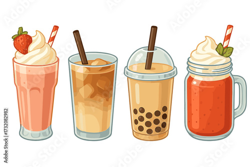 Refreshing cold drinks set featuring strawberry milkshake, iced coffee, bubble tea, and fruit smoothie in various glasses
