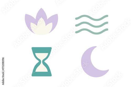 Elegant collection of spiritual and natural symbols featuring a lotus flower, wavy lines, hourglass, and crescent moon designs