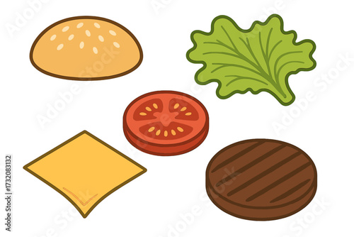 Delicious burger components with toasted sesame bun, crisp green lettuce, ripe red tomato, melted yellow cheese, and savory grilled patty