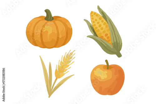 Vibrant autumn harvest collection featuring pumpkin corn wheat and apple in a charming watercolor style