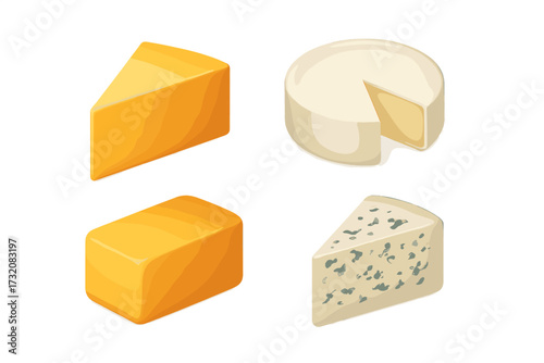 Delicious assortment of various cheese types including cheddar, brie, and blue cheese wedges and blocks isolated on white background