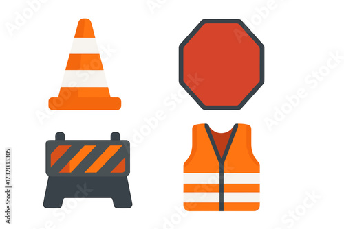 Essential Road Safety Equipment Collection with Traffic Cone Stop Sign Road Barrier and High Visibility Vest