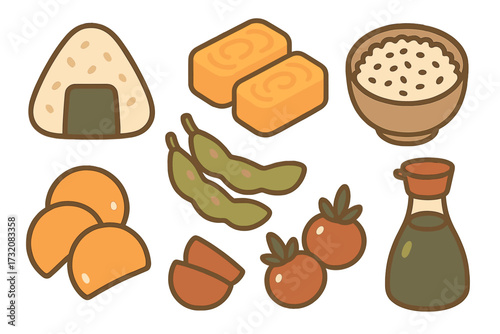 Assortment of traditional Japanese and Asian food items including rice, onigiri, edamame, and dumplings