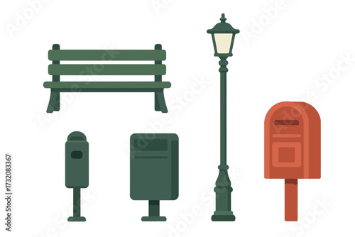 Collection of park and street furniture elements including bench, street lamp, trash cans, and mailbox on white background