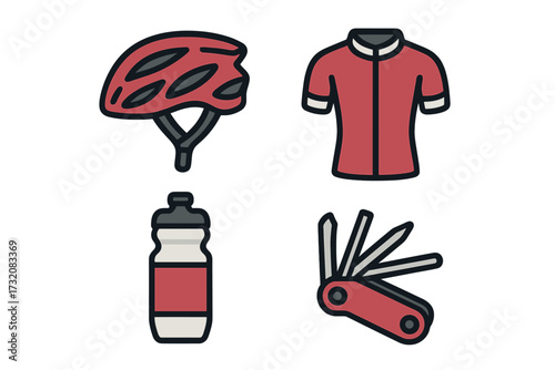 Essential cycling equipment including helmet, jersey, water bottle, and multi-tool for bike enthusiasts