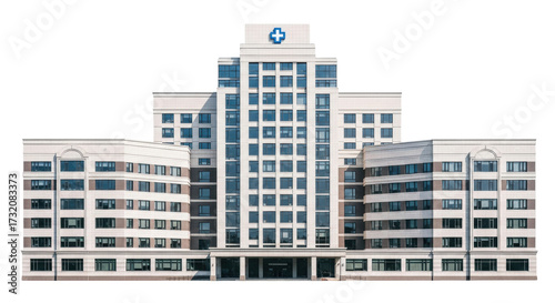 Bild auf Leinwand Isolated hospital building with cross rooftop emblem, medical center against bri