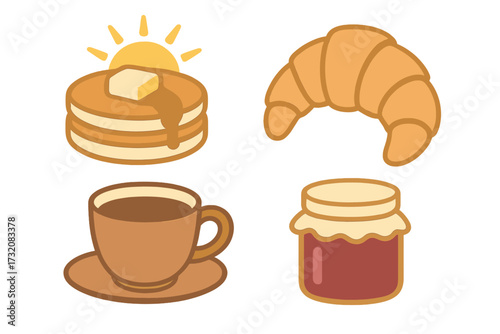 Morning breakfast spread with stack of pancakes, golden croissant, hot coffee cup, and sweet fruit jam jar