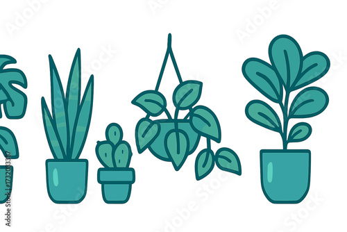 Collection of diverse indoor houseplants in teal pots and hanging planters including snake plant cactus and leafy greens