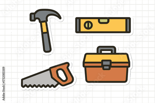 Essential construction and home improvement tools including hammer, hand saw, spirit level, and toolbox