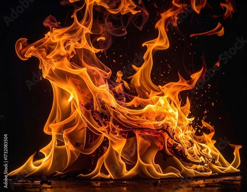 Fiery flames against dark background