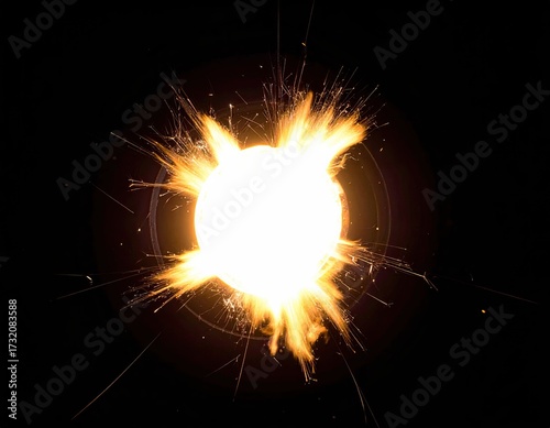 Bright, radiant sphere of light erupting with sparks against a black background