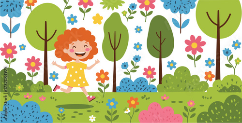 Cartoon girl running in a garden, surrounded by flowers, plants, trees and bushes