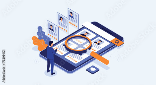 A person reviewing applicant profiles on a mobile device using a magnifying glass.