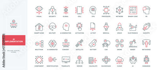 Implementation of AI services, activation and identification line icon set. Auto generated data with machine assistant, business automation thin black and red outline symbols vector illustration