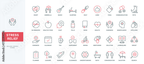 Relief and help with stress, care for mind and body line icons set. Practice yoga exercises and hobby, chat with friends, meditation and running thin black and red outline symbols, vector illustration