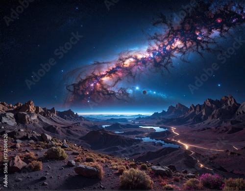 Cosmic landscape with a vibrant galaxy