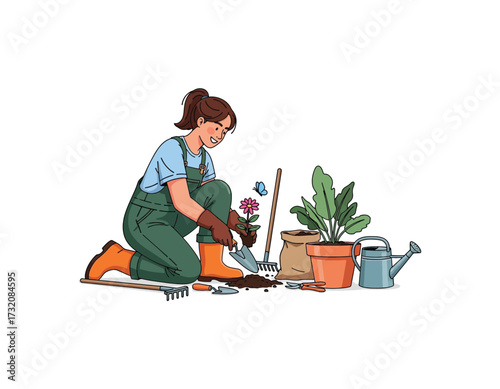 Woman Gardening A Vector Illustration of Planting Flowers, Featuring Tools, a Watering Can, and a Butterfly in a Garden Setting