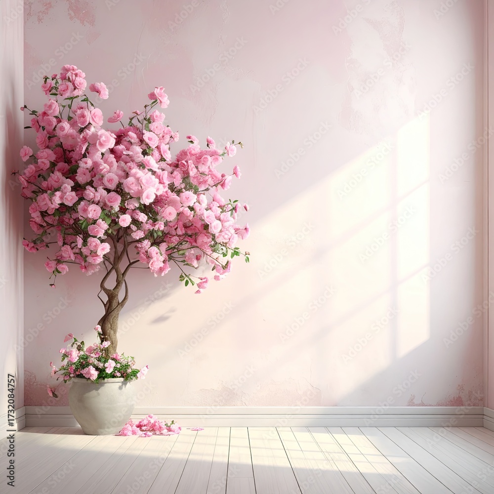 Fototapeta premium Delicate Pink Cherry Blossom Tree in Soft Sunlight and Petals.