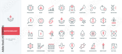 Genetic research and biotechnology, engineering in laboratory and science line icon set. Biochemistry, structure of DNA helix and chromosome thin black and red outline symbols vector illustration