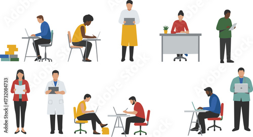 Diverse Office Workers Vector illustration of professionals engaged in various tasks using laptops and documents