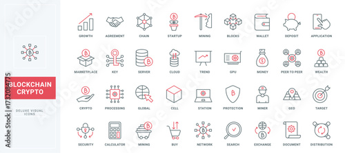 Blockchain thin black and red line icons set vector illustration. Outline financial structure of bitcoin and cryptocurrency investment, fintech transaction and payment, crypto trade and exchange