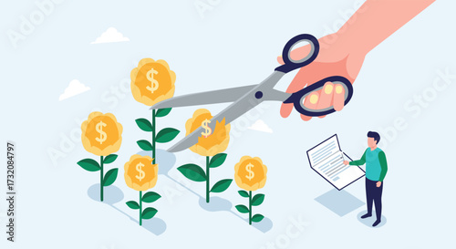 Cutting costs on blooming money plants with a person reviewing financial documents.