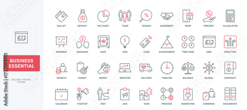 Business process, marketing tools, startup idea line icons set. Agreement and contract, bank deposit percentage, timeline and way to growth thin black and red outline symbols vector illustration