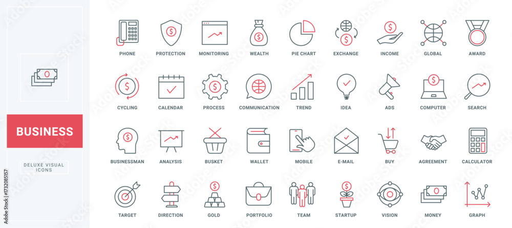 Business thin black and red line icons set vector illustration. Outline symbols of money protection and accounting, monitoring and analysis of global trend by chart, agreement and communication