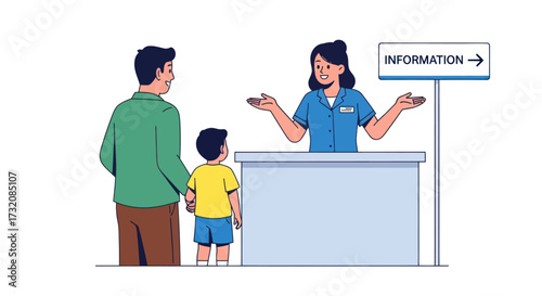 Information Desk Attendant Helping Man and Child with Inquiries.