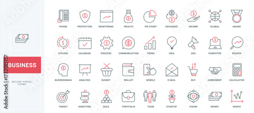 Business thin black and red line icons set vector illustration. Outline symbols of money protection and accounting, monitoring and analysis of global trend by chart, agreement and communication