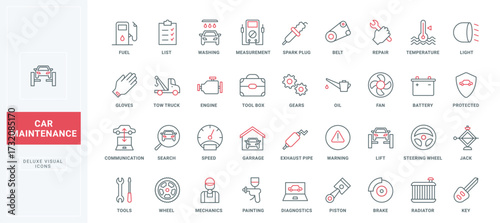Car repair and maintenance service thin black and red line icons set vector illustration. Outline symbols of vehicle garage checkup, test list and diagnostics of tires, wheels and engine, gas station