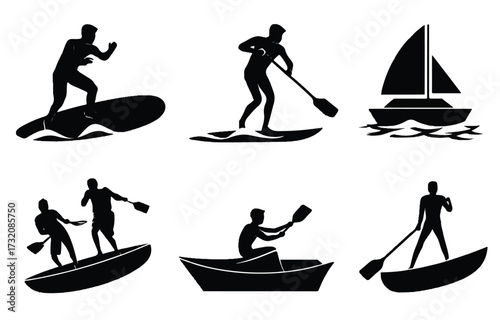 Black and white seamless pattern of water sports activities like surfing and sailing vector illustration