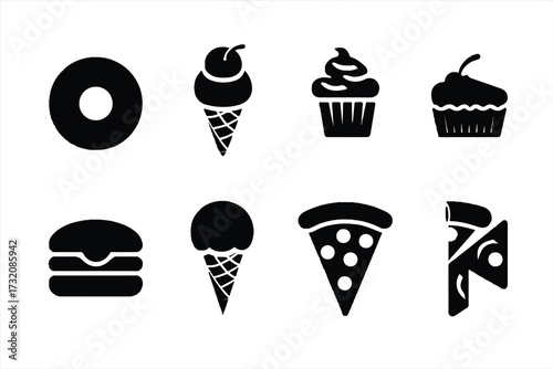 Black and white silhouettes of various tempting junk food items a graphic design idea