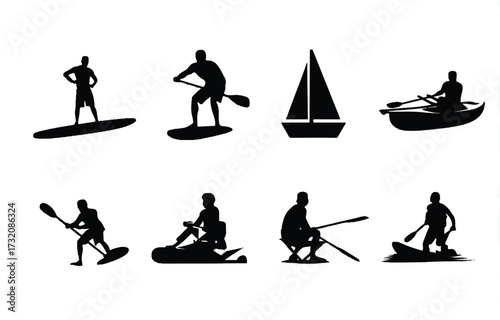 Black silhouettes showcasing various water sports activities against a crisp white background with engaging detail