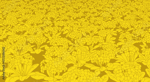 Yellow flower field receding to horizon in a monochrome illustrative style
