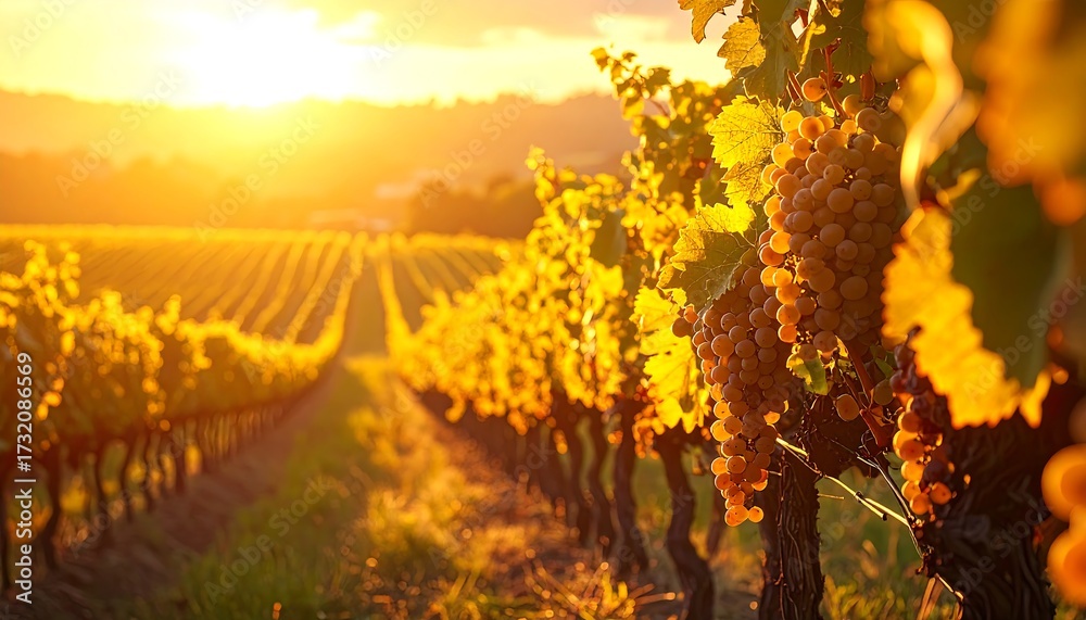 Naklejka premium Vineyard at Sunset, Gold Hue