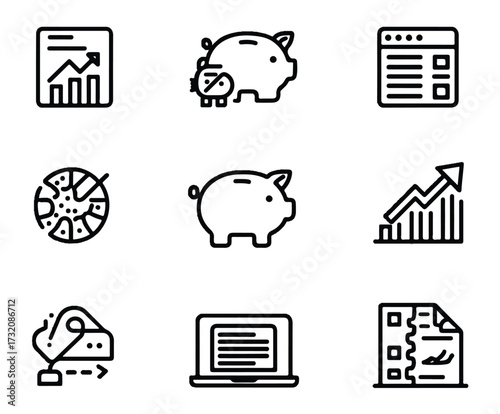 Business and Finance Icon Set representing growth investment online presence and contractual agreements in outline style
