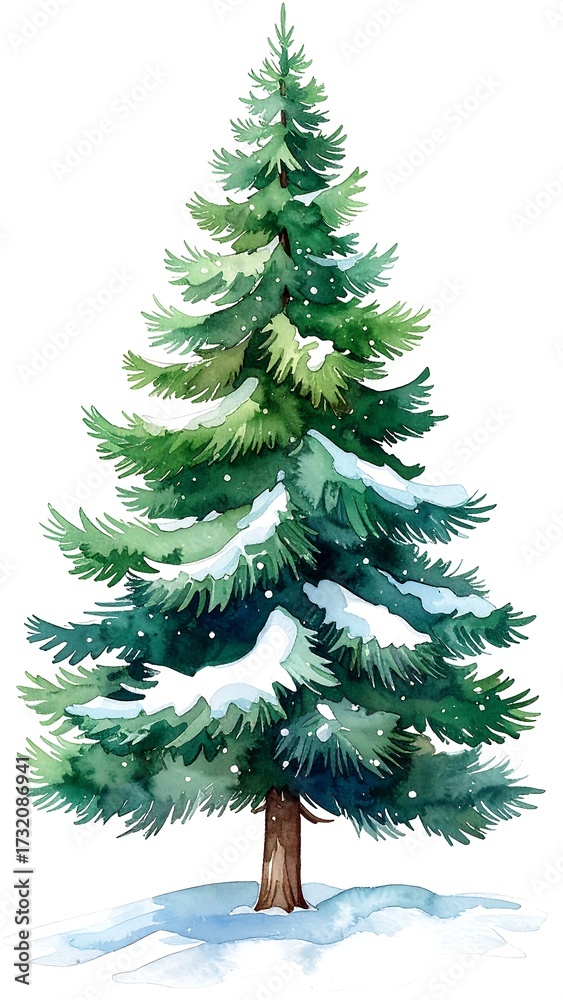 Fototapeta premium Watercolor illustration of a snow-covered evergreen tree (1)