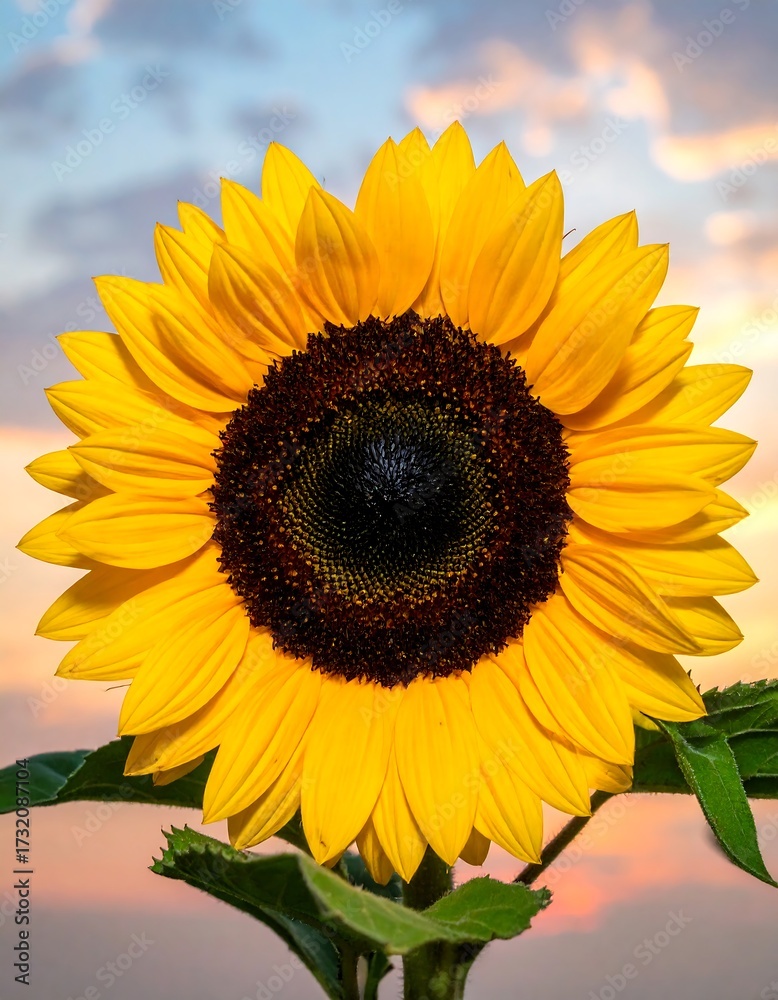 Obraz premium Close-up of a sunflower against a vibrant sunset sky