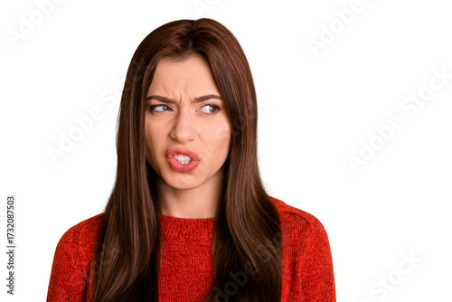 Slika na platnu Portrait of mad annoyed person look see ugly object grimace dislike emotion expr