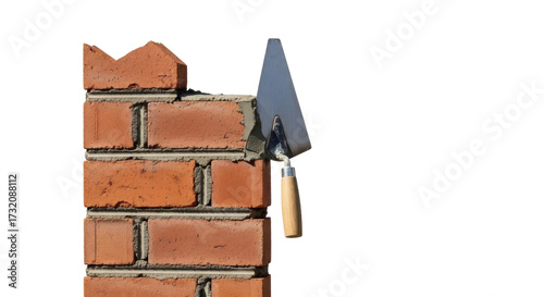 Photos Isolated bricklayer brick wall construction, building a wall with trowel and wet