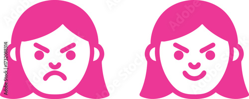 Angry girl with pink hair. 2 heads with evil looks (vector)