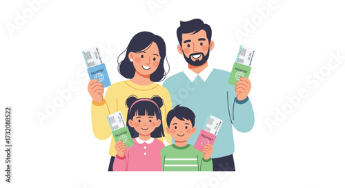 Cute character illustration of a happy family, excited for their upcoming travel adventure, holding passports and tickets, ready for a memorable journey together