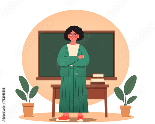 Female teacher in classroom in front of chalkboard, vector illustration of confident woman educator with books.