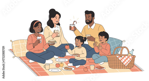 Cute character illustration of a happy family enjoying a picnic during their summer travel adventure