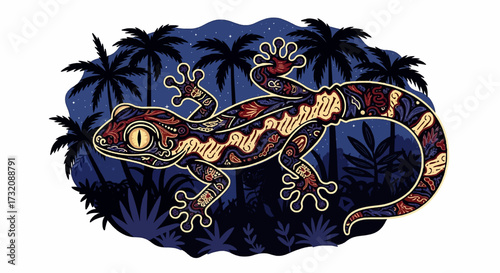 A beautifully detailed vector illustration of an ornamental gecko with exotic patterns, set against a tropical jungle night scene