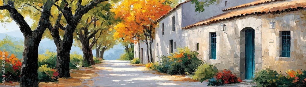 Naklejka premium Oak trees lining serene road in painting concept. Scenic autumn road with vibrant trees and charming houses.