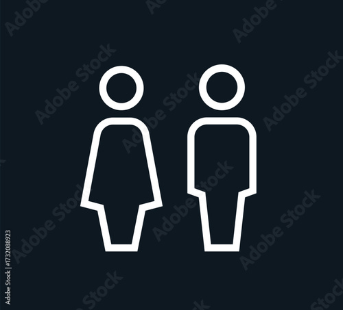 Gender icon. Man and Woman icon isolated minimal design. Toilet line icon, outline vector sign, linear style pictogram isolated on white. WC symbol, vector logo illustration.